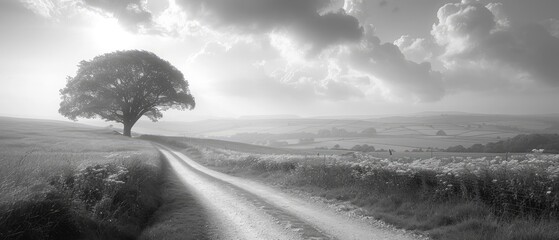 Wall Mural - winding rural road disappearing into the misty countryside landscape on a foggy autumn morning with sunlit trees and hills rising above the green fields and a dramatic sky with clouds