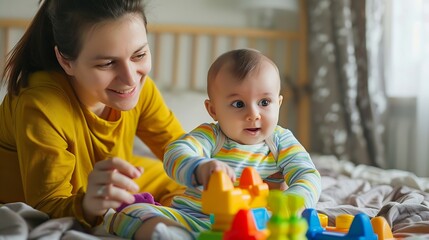 Wall Mural - Developmental activities for babies Mother playing with baby and holding toys spending time with her cute infant child sitting on bed at home copy space Mom and baby having good time t : Generative AI