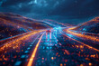 © Evhen Pylypchuk - Futuristic highway with cars, silhouette logo in the wireframe style on a dark blue background