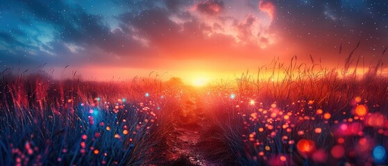 Wall Mural - vibrant yellow meadow with a sea of flowers swaying in the gentle breeze under a bright blue sky with a sunbeam breaking through the clouds