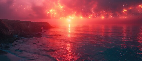 Wall Mural - seascape of a tranquil ocean horizon with vibrant orange and red hues reflecting off the calm water, under a bright blue sky with puffy clouds and a sun slowly dipping below the coastline