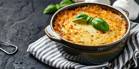 Poster - Italian Comfort Food Family Dinner Lasagna Soup with Basil Parmesan. Concept Italian Cuisine, Comfort Food, Family Dinner, Lasagna Soup, Basil Parmesan