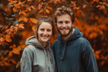 Wall Mural - Portrait of a smiling caucasian couple in their 20s sporting a comfortable hoodie while standing against background of autumn leaves