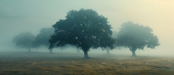 Wall Mural - misty autumn morning landscape of a lone oak tree standing tall in a foggy meadow, surrounded by a tranquil rural countryside scenery
