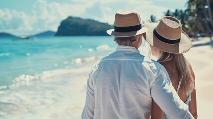 Back portrait and smile with couple on beach together for anniversary holiday date or romance in summer Love travel or vacation with happy man and woman on tropical island paradise for : Generative AI