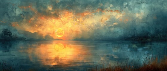 Wall Mural - dramatic sunset landscape of a serene lake reflecting the vibrant colors of the sky, with the sun slowly dipping below the horizon, casting a warm golden light on the calm water
