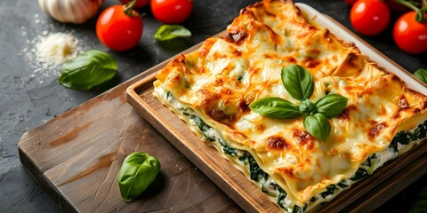 Wall Mural - Spinach and Cheese Lasagna Served on a Wooden Platter with Tomatoes and Basil. Concept Italian Cuisine, Vegetarian Dish, Comfort Food, Homemade Recipe, Food Presentation