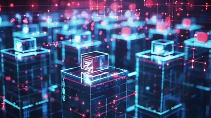 Poster - Multiple abstract digital cubes interconnected in a luminous network, representing data exchange, digital transaction flows, and the complex structure of blockchain networks.