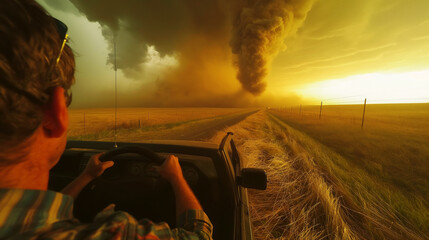 Sticker - Man driving towards a massive dust storm on a rural road at sunset