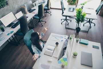 Poster - Photo of attractive young woman confused look empty office dressed denim clothes executive business leader work comfort beautiful interior