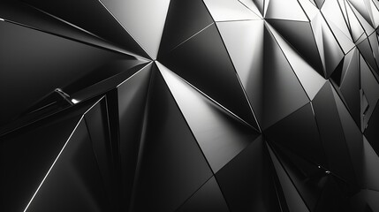 Fototapete - Black white abstract background Geometric shape Lines triangles 3d effect Light glow shadow Gradient Dark grey silver Modern futuristic : Generative AI