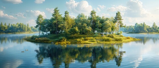 Wall Mural - forest surrounded by a serene lake, with vibrant autumn foliage reflected in the calm water, under a bright blue sky with a few wispy clouds