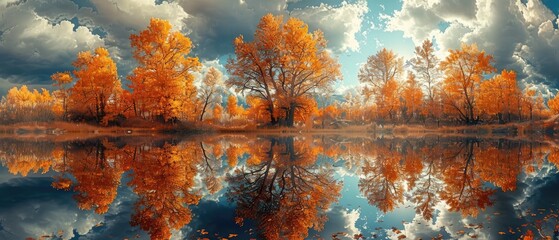 Wall Mural - autumn splendor: a tranquil and scenic landscape of a forest surrounded by a serene lake, with vibrant yellow, orange, and red foliage reflected in the calm water