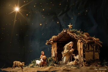 Wall Mural - A nativity scene with Mary kneeling and holding baby Jesus in a manger, a shepherd standing nearby, and a bright star shining in the night sky