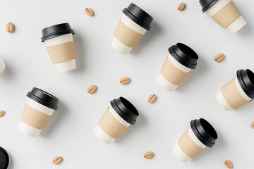 Coffee cups pattern on white background with coffee beans scattered creative design concept