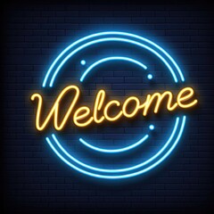 Image of vector realistic isolated neon sign of Welcome for template decoration concept of sale