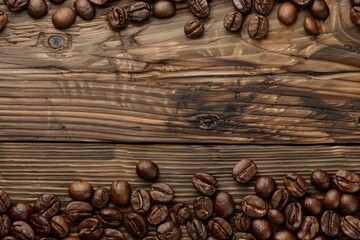 Sticker - Roasted coffee beans forming a frame on a rustic wooden table with copy space