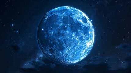Wall Mural - A bright blue full moon shining luminously against a deep night sky, surrounded by twinkling stars, creating an ethereal and captivating celestial scene.