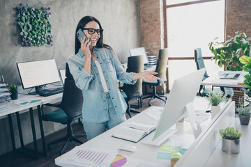 Sticker - Photo portrait of lovely young lady talk phone call dressed stylish denim garment modern workplace working office coworking indoor