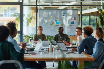 Team of diverse businesspeople are having a brainstorming meeting, sitting around a table and working on laptops