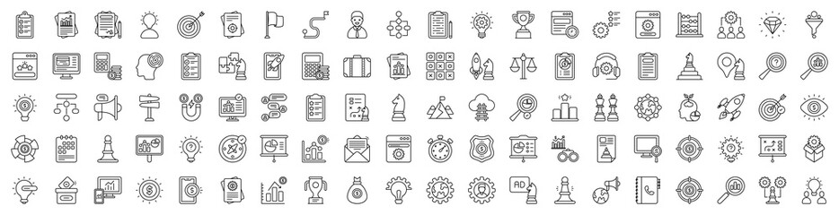 Strategy icon set. Containing Support, Puzzle, Document, Team, Target, Light Bulb, Growth, Startup , Growing , Vision, Focus, Handshake, Office and Diamond icons illustration.	
