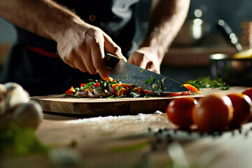 Chef is slicing vegetables on a wooden board, preparing a healthy meal in a modern kitchen