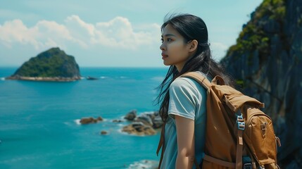 Asian woman with backpack travel at tropical island and resting on mountain peak in summer sunny day Attractive girl enjoy outdoor lifestyle looking beautiful ocean nature on beach hol : Generative AI