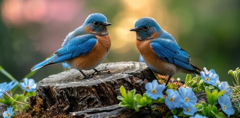 Two Bluebirds Perched on a Tree Stump