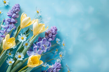 pastel blue illustration with spring flowers abstract background with copy space