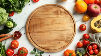 Nutritious vegan meal arrangement on a wooden plate and white background with fruits and veggies promotes clean eating and grocery shopping