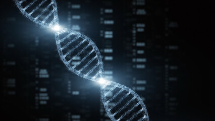 Wall Mural - abstract digital rotating dna molecule on futuristic background with blurry data illustration.