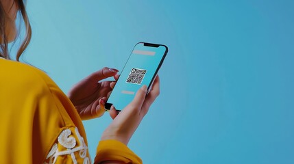 mobile phone scanning qr code in female hand on blue color background trendy creative collage in mag