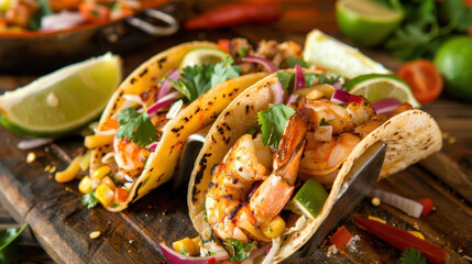 Close-up of grilled shrimp tacos with fresh vegetables on rustic wooden board