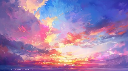 Poster - Beautiful Landscape Background Sky Clouds Sunset Oil Painting View Wallpaper Landscape Light Colours Purple Anime style Magic and Colorful : Generative AI