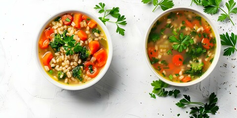 Canvas Print - Barley vegetable soup with a white background. Concept Food Photography, White Background, Healthy Recipe, Soup Presentation, Fresh Ingredients