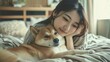 © The Little Hut - Young Asian Woman Engaging in Playtime with Her Beloved Shiba Dog in Bedroom Playful Happiness with Pets : Generative AI