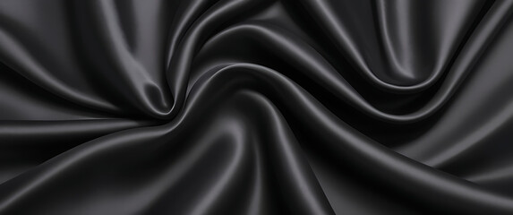 Black silk background with dark luxurious fabric draped texture folds in waves of flowing soft pattern, abstract satin or velvet cloth in luxury material design. ai