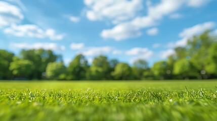 Poster - Beautiful blurred background image of spring nature with a neatly trimmed lawn surrounded by trees against a blue sky with clouds on a bright sunny day : Generative AI