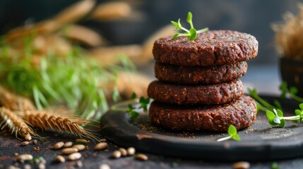 Poster - Vegan Burger Patties on Wheat Field Background