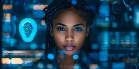 Wall Mural - Specializing in Smart Security A Black Female Cybersecurity Analyst's Expertise in Facial Recognition Technology. Concept Cybersecurity, Facial Recognition, Black Female Expert