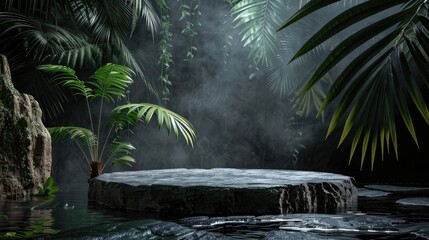 Canvas Print - Luxurious natural stone podium with palm leaf and water in jungle setting at night for showcasing products on black background ideal for web banner