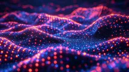 Poster - A digital rendering of a dark surface with waves of red and blue lights