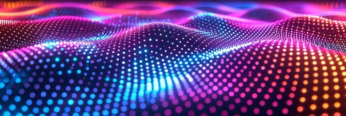 Fototapete - Abstract wavy pattern of glowing dots in various shades of pink, blue, and orange against a black background