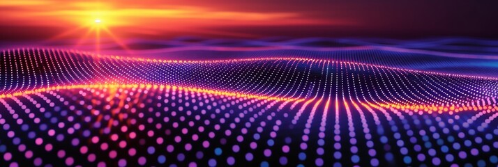 Leinwandbilder - A digital wave composed of purple and orange lights, forming a landscape against a sunset backdrop