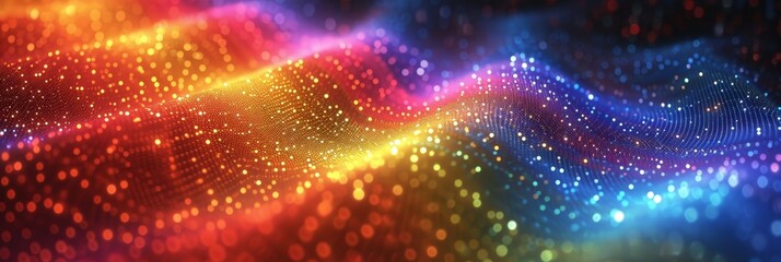 Fototapete - A colorful, abstract wave of light appears to be moving across a dark background. The wave is made of bright, colorful, glowing particles and blurs. The colors are vibrant and vivid