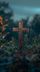 Sticker - cross in the cemetery, cruise of souls with three steps, wooden cross, spiritual environment