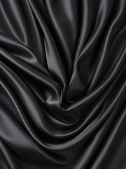 Black silk background with dark luxurious fabric draped texture folds in waves of flowing soft pattern, abstract satin or velvet cloth in luxury material design. ai