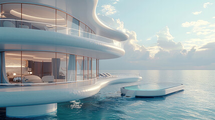 Sticker - A futuristic floating hotel, house on an island, round white walls with glass Windows and balconies overlooking the sea, bedroom Windows outside the pool. Generative AI.