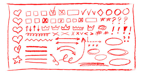 Wall Mural - red underline pencil hand drawn various ellipses, punctuation marks, direction pointers, arrows, sta