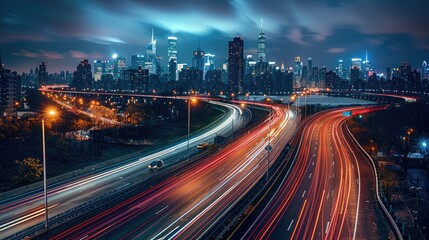 Aufkleber - An high-angle view of traffic light trails on a curving highway at night, vibrant red and white light streaks, cars zooming by, distant city skyline with iconic. Generative AI.
